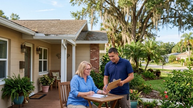 Tampa homeowner discussing My Safe Florida Home grant roof upgrades with SCM Roofing contractor