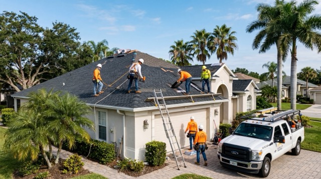 Licensed Florida roofing contractor crew working professionally on a Gulf Coast home