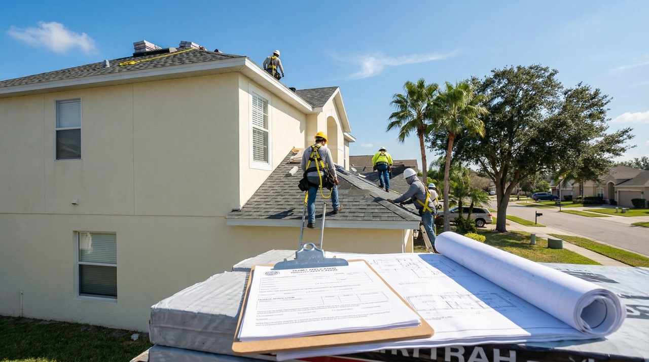 Professional roofers installing new shingles on a Brandon Florida home during 2026 building code compliance project