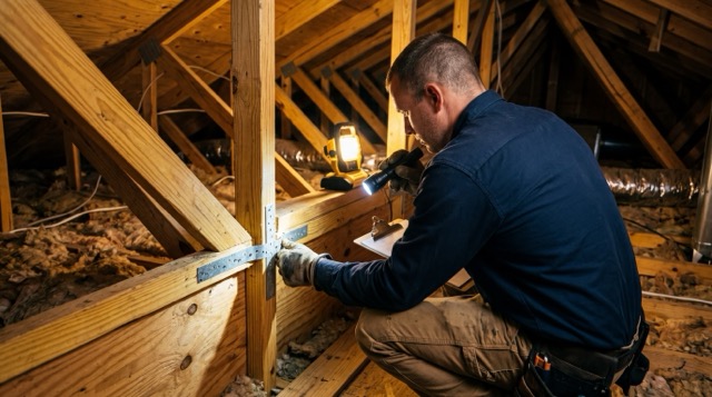 Wind mitigation inspector examining roof-to-wall connections in a Bradenton Florida home attic