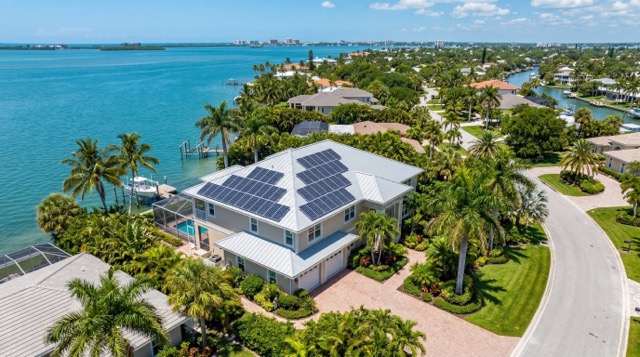 Solar panels installed on a standing seam metal roof on a Sarasota Florida home