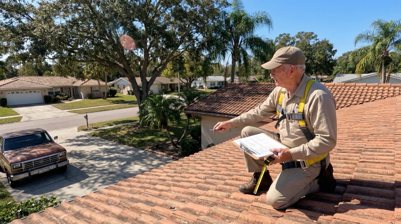 Professional roofing inspector with tools examining older residential roof in Largo, Florida neighborhood