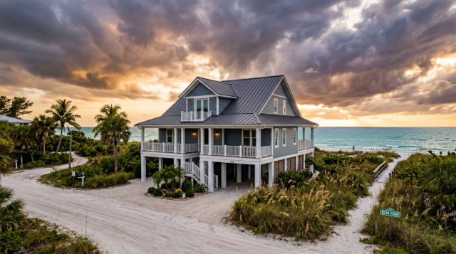 Elevated barrier island home with metal roof on Anna Maria Island Florida