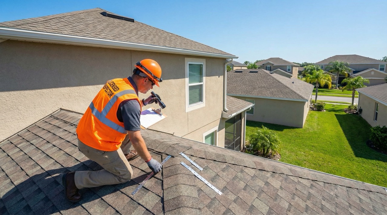 Licensed wind mitigation inspector examining roof connections on a Wesley Chapel home to qualify for insurance discounts