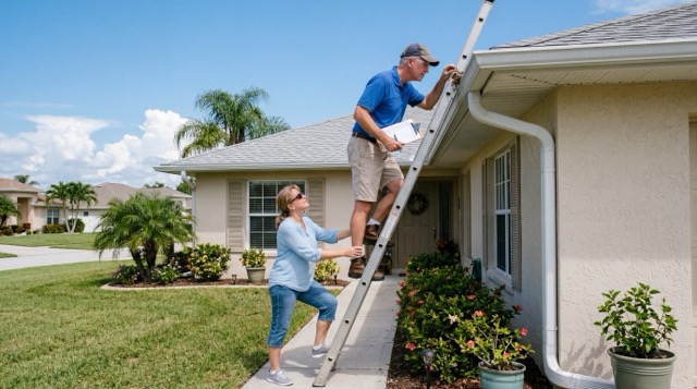 Florida homeowner inspecting roof and gutters as part of 2026 hurricane season preparation checklist