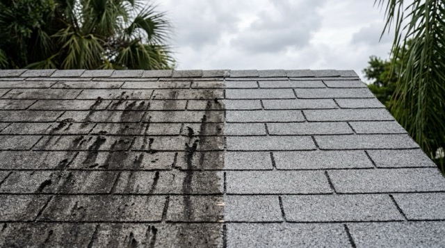 Black algae streaks on Florida roof shingles showing before and after cleaning comparison